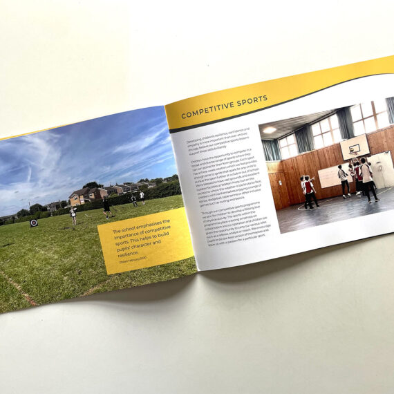 Inside spread from Walton Priory School prospectus that is A5 Landscape designed and printed by Panda Press