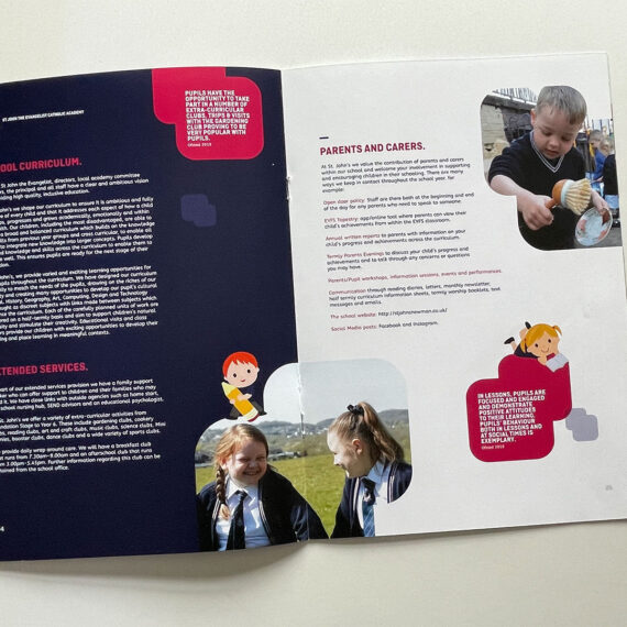 An inside spread from the St John the Evangelist Catholic Academy prospectus designed and printed by Panda Press